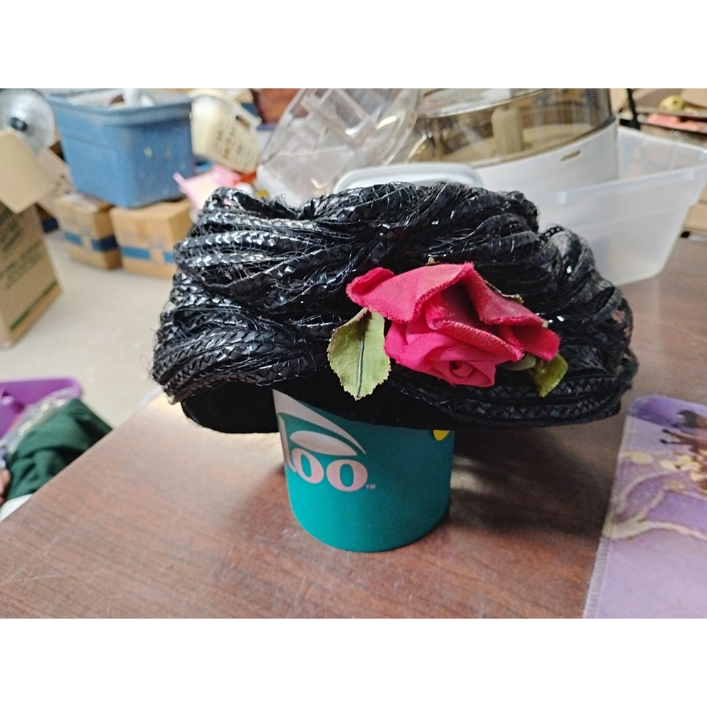 Vintage Black Woven Ladies Pillbox Hat With Roses One Size Kayser-Lilienthal